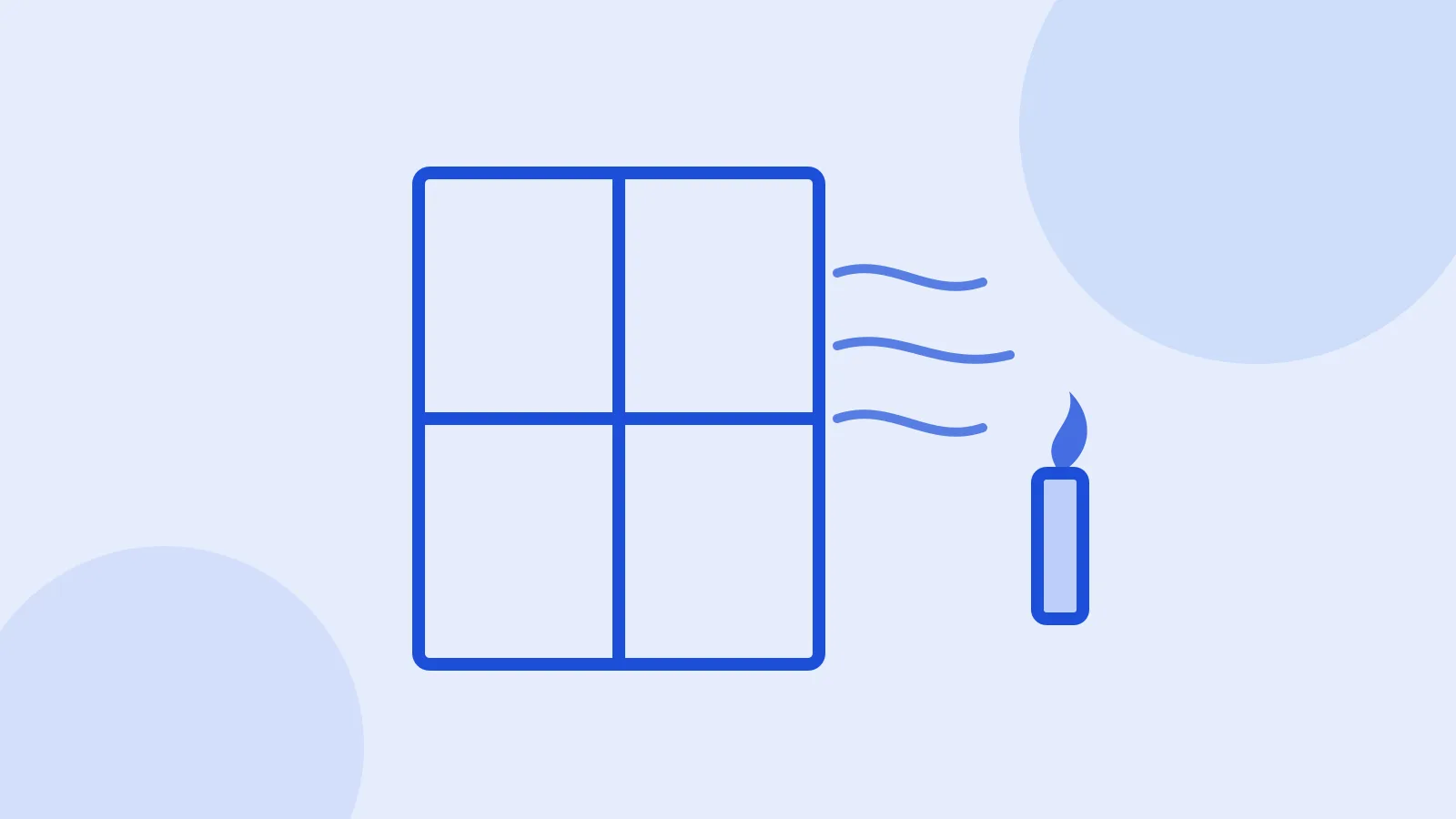 Illustration of a window with air arrows slipping through a gap and a candle flame bending