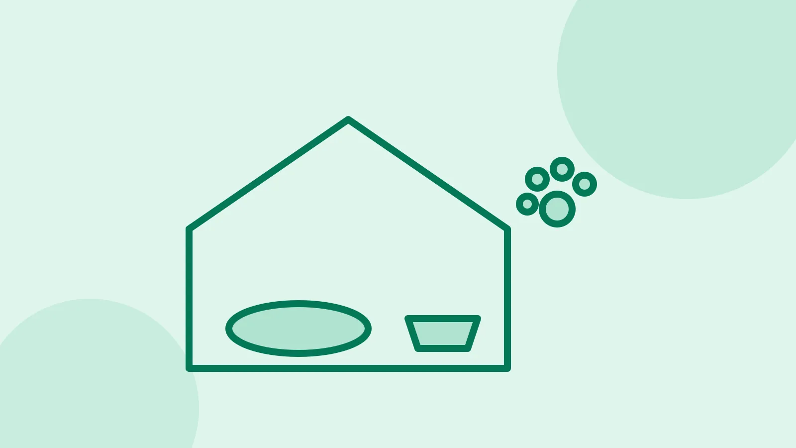 Illustration of a pet bed, food bowl, and toy inside a cozy home