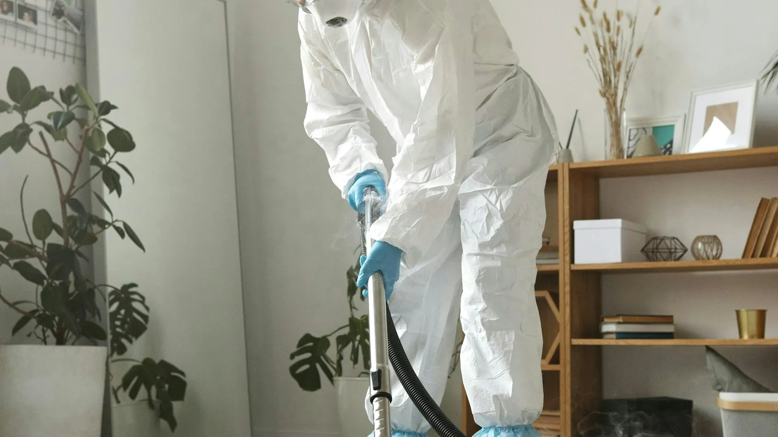 Person in protective clothing cleaning a carpet