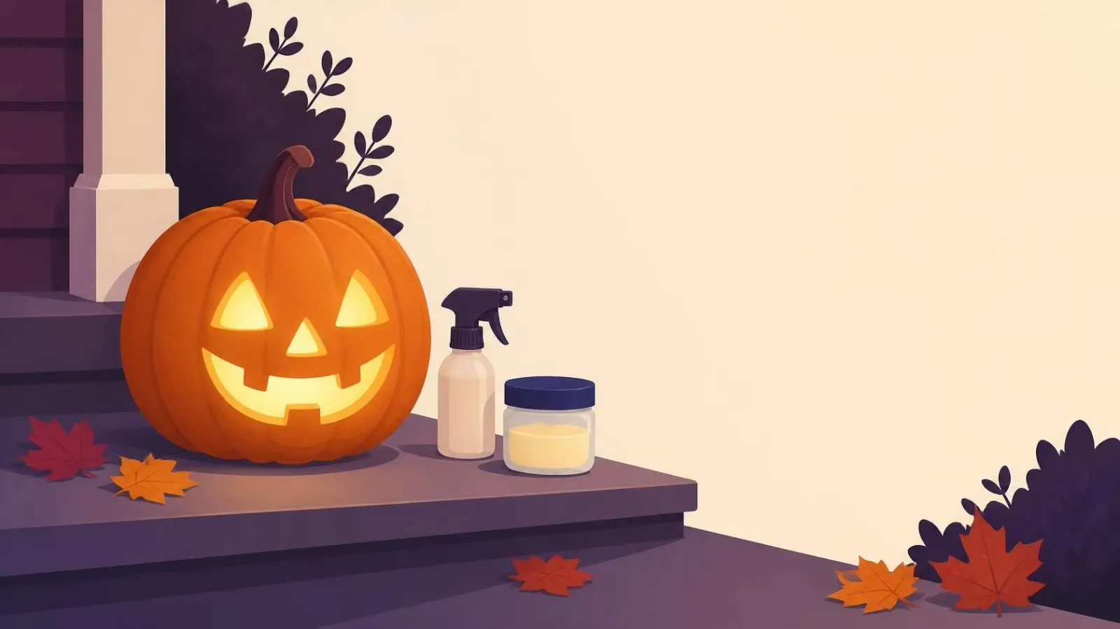 Glowing carved jack-o'-lantern on porch steps with a spray bottle and a jar of petroleum jelly