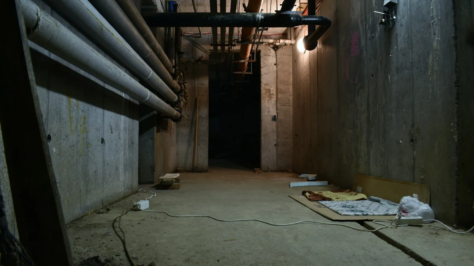 A dark basement with pipes running along a concrete wall