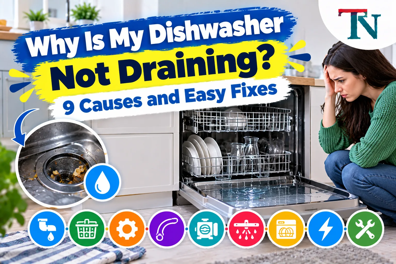 Open dishwasher with standing water at the bottom and a close-up of a clogged filter