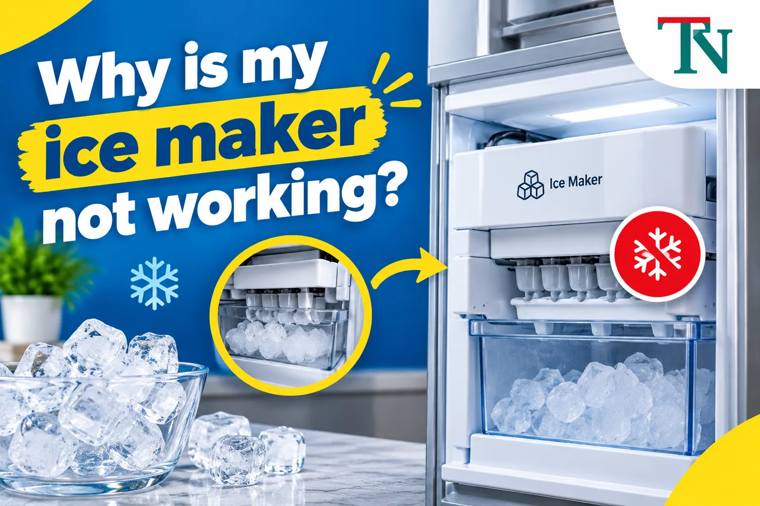 Refrigerator ice maker with its ice bin open, next to a glass bowl of ice cubes