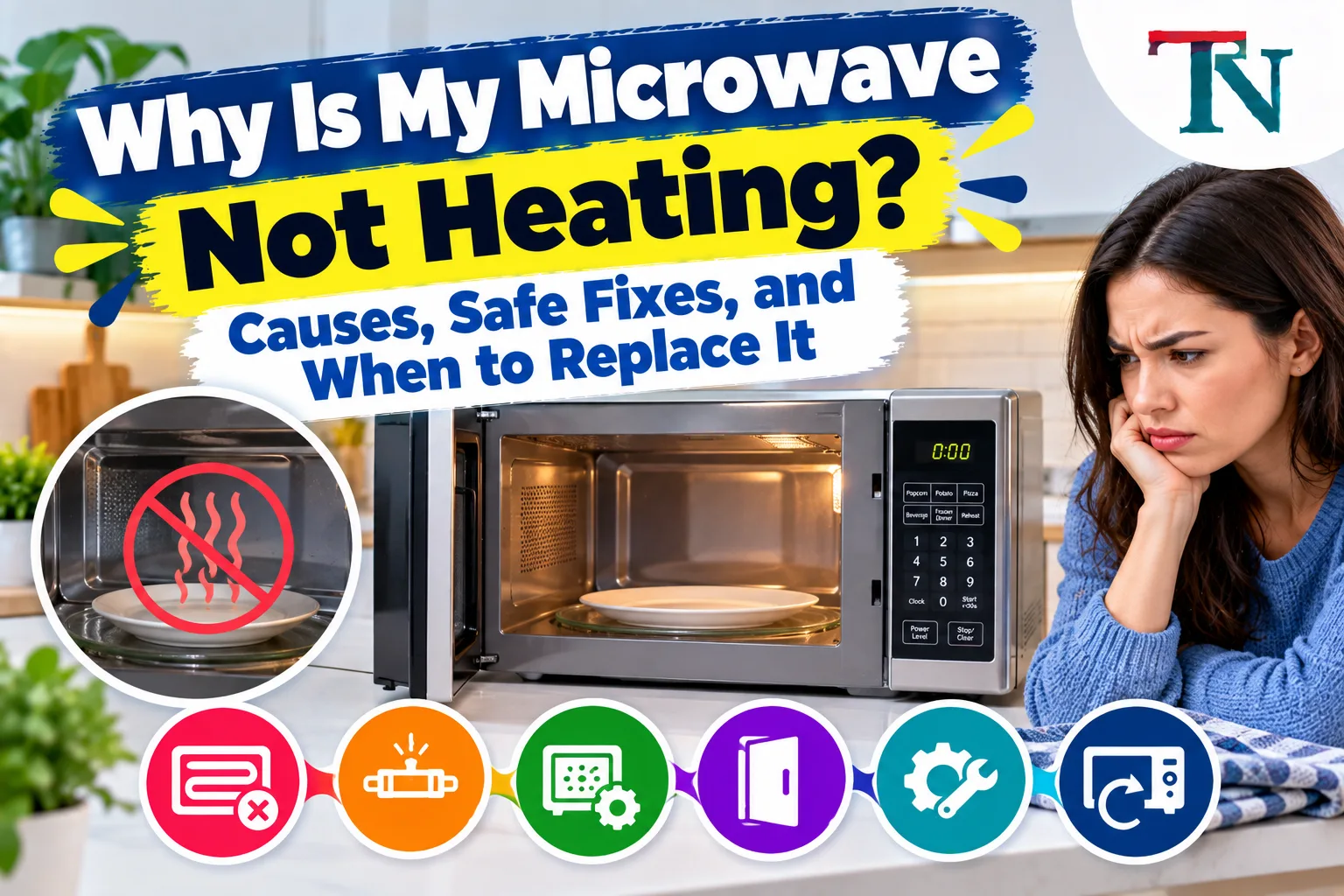 Worried woman looking at an open microwave with a cold plate inside